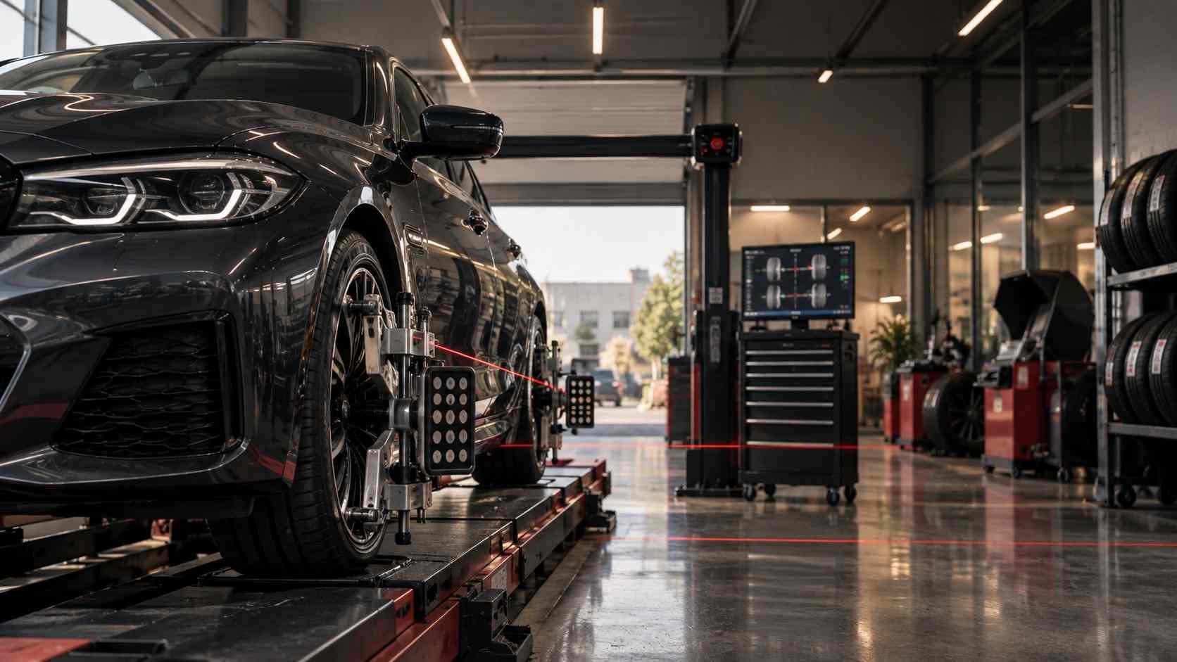 Modern wheel alignment machine in a luxury workshop