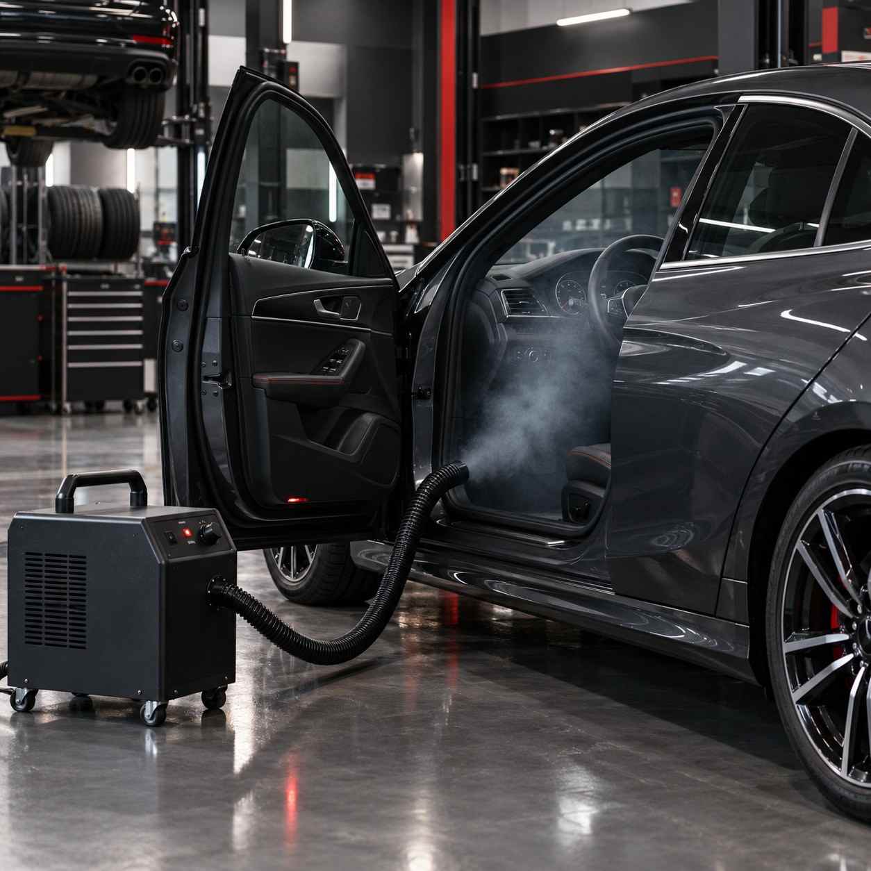 Ozone sanitization in progress inside a vehicle