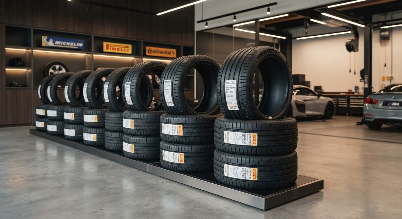 Tyre stock wall showing brand variety
